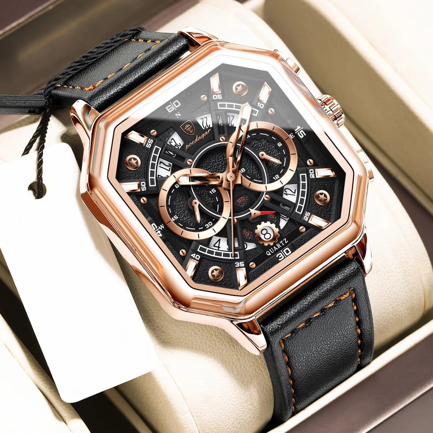 Achteckige Leder Armbanduhr mit außergewöhnlicher Datumsanzeige "Piazza della Moda no.4140" - PITANI