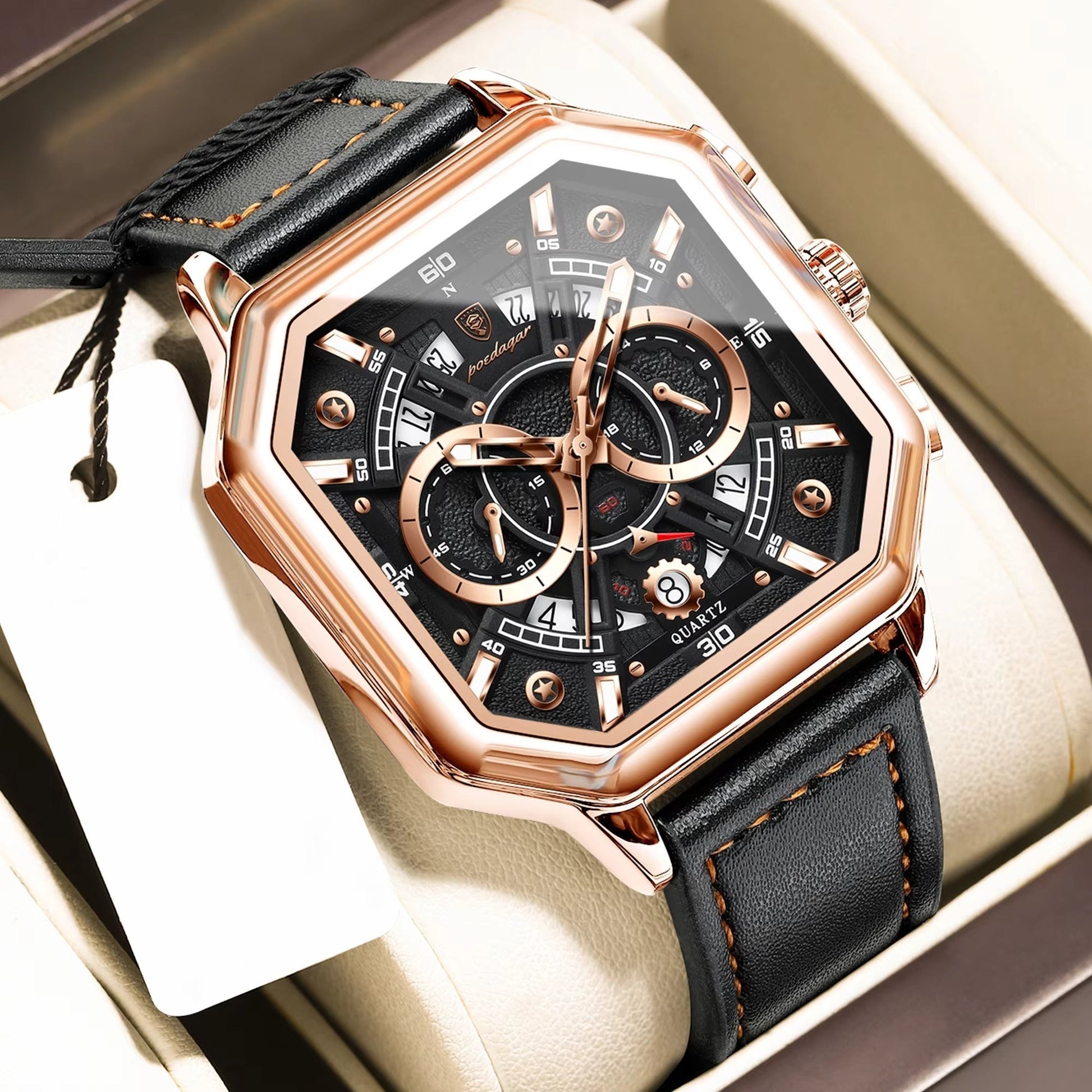 Achteckige Leder Armbanduhr mit außergewöhnlicher Datumsanzeige "Piazza della Moda no.4140" - PITANI