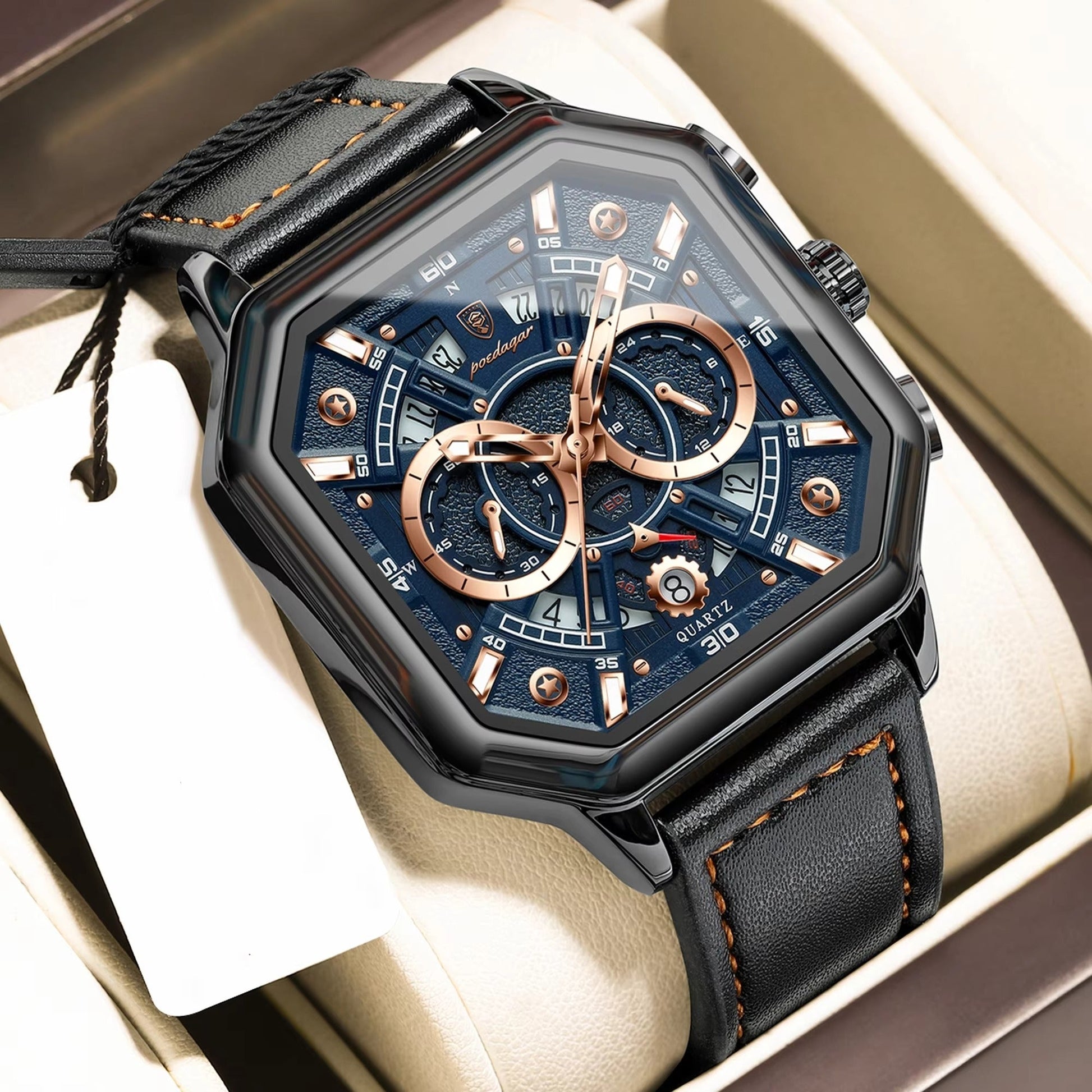 Achteckige Leder Armbanduhr mit außergewöhnlicher Datumsanzeige "Piazza della Moda no.4140" - PITANI