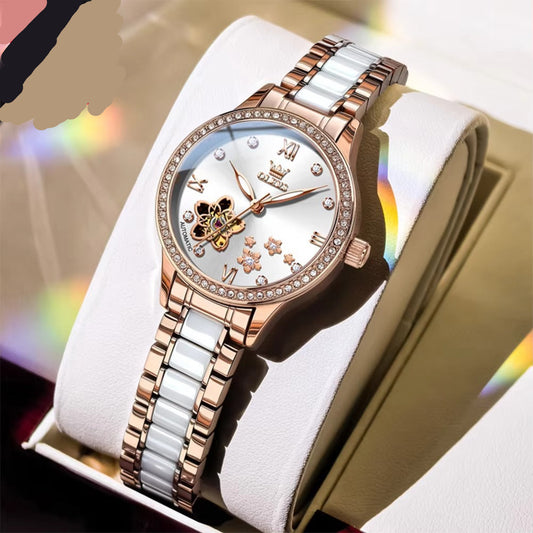 Edelstahl Glitzer Automatik Armbanduhr mit Blumen Optik im Zifferblatt "Completamente automatico no.3217" - PITANI