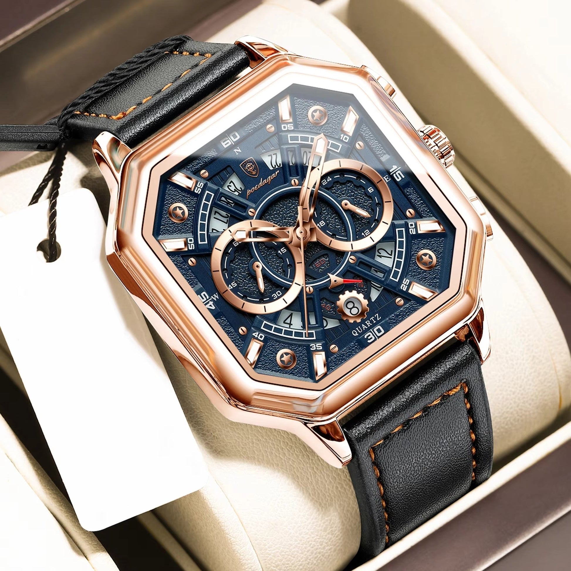 Achteckige Leder Armbanduhr mit außergewöhnlicher Datumsanzeige "Piazza della Moda no.4140" - PITANI