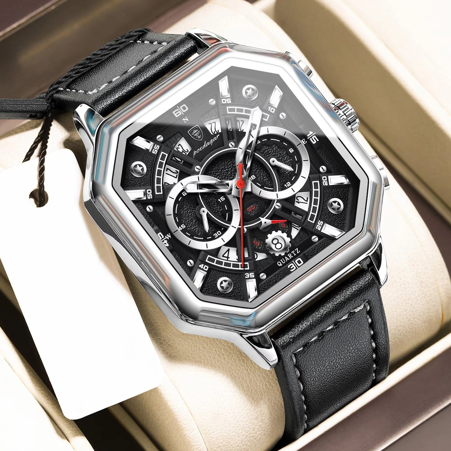 Achteckige Leder Armbanduhr mit außergewöhnlicher Datumsanzeige "Piazza della Moda no.4140" - PITANI