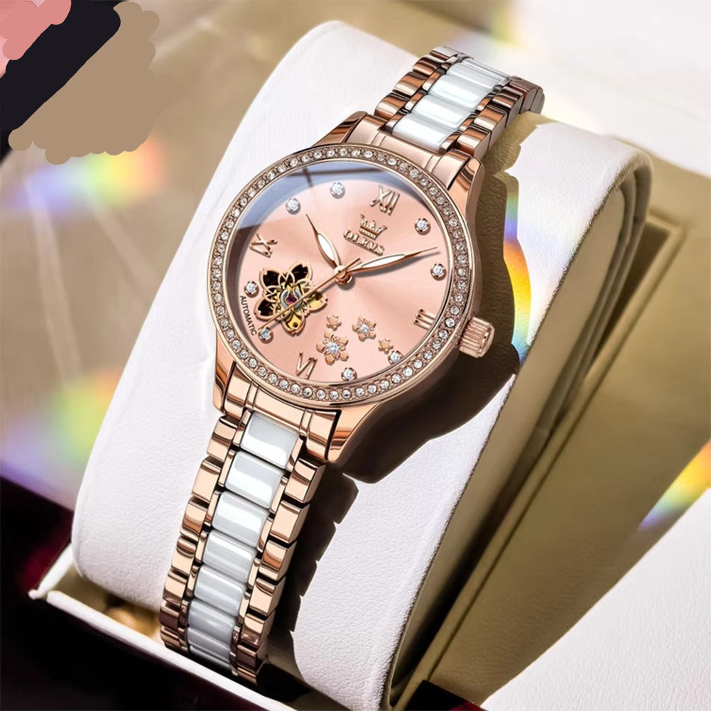 Edelstahl Glitzer Automatik Armbanduhr mit Blumen Optik im Zifferblatt "Completamente automatico no.3217" - PITANI