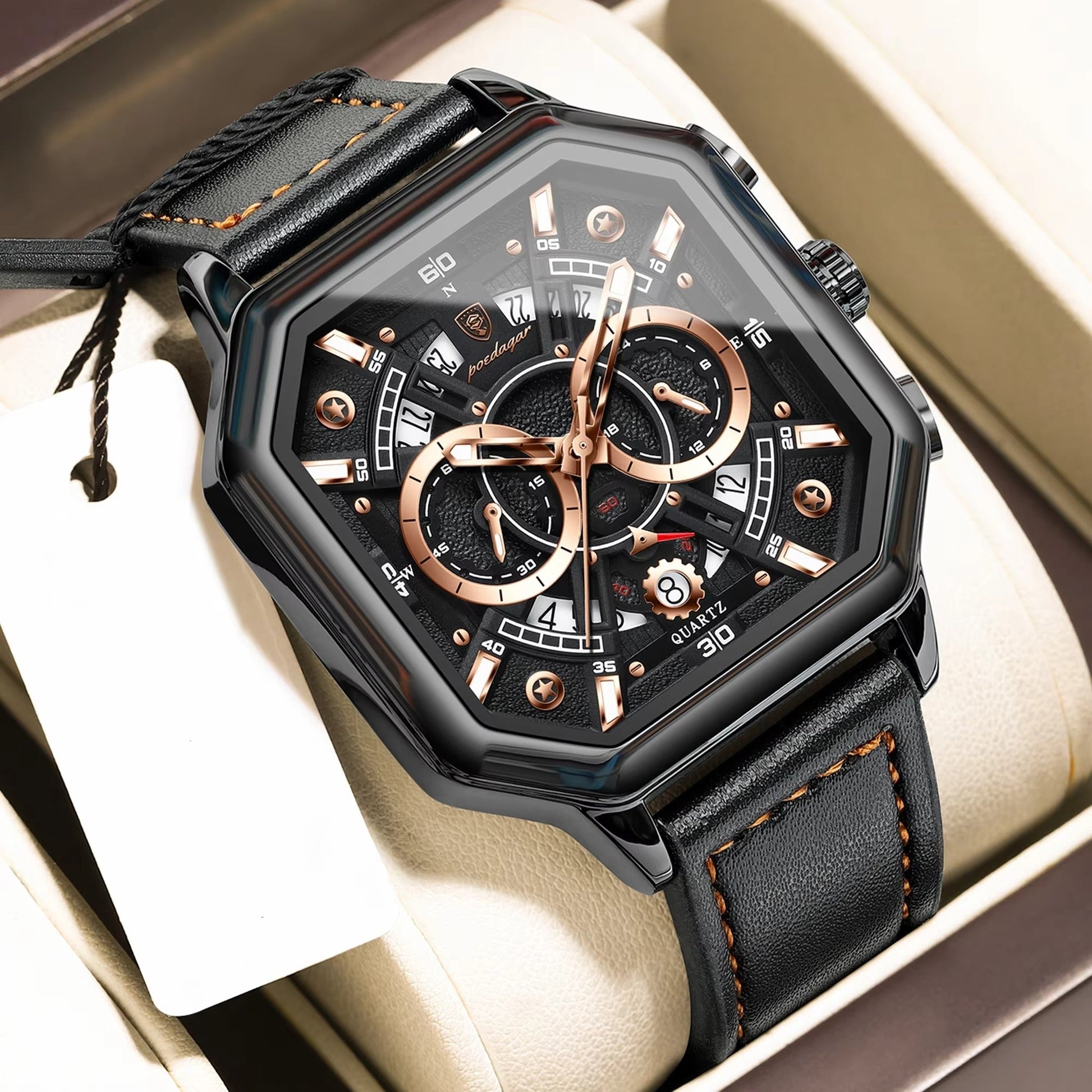 Achteckige Leder Armbanduhr mit außergewöhnlicher Datumsanzeige "Piazza della Moda no.4140" - PITANI