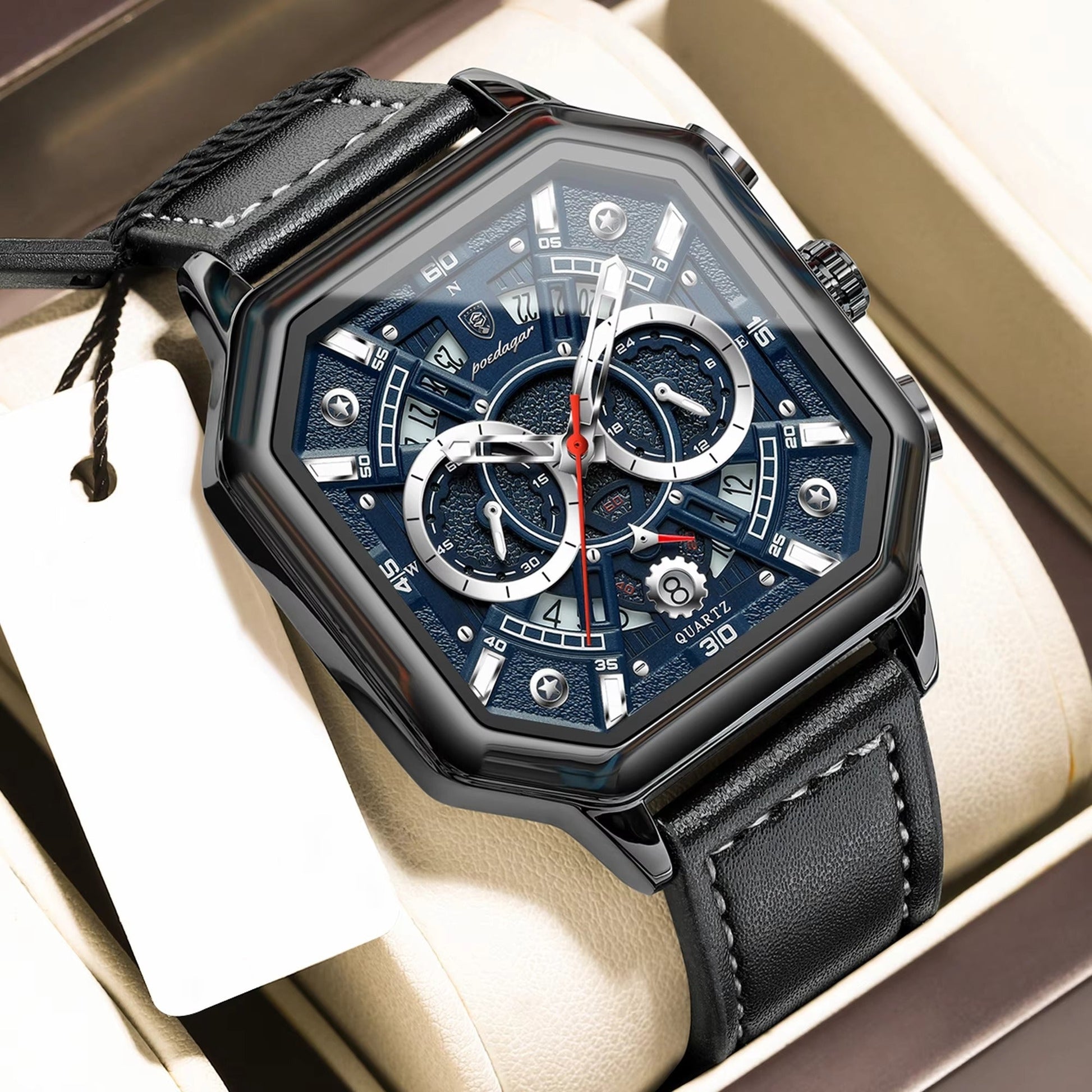 Achteckige Leder Armbanduhr mit außergewöhnlicher Datumsanzeige "Piazza della Moda no.4140" - PITANI