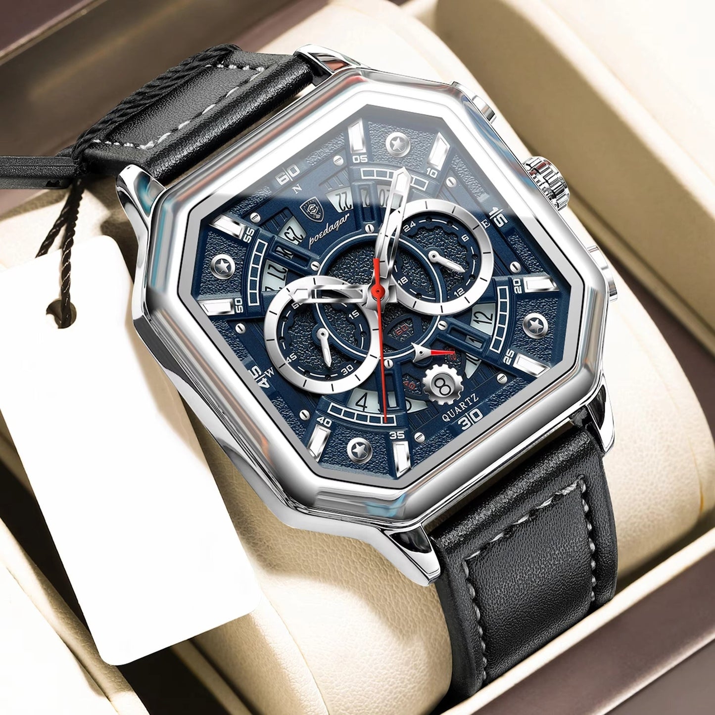 Achteckige Leder Armbanduhr mit außergewöhnlicher Datumsanzeige "Piazza della Moda no.4140" - PITANI