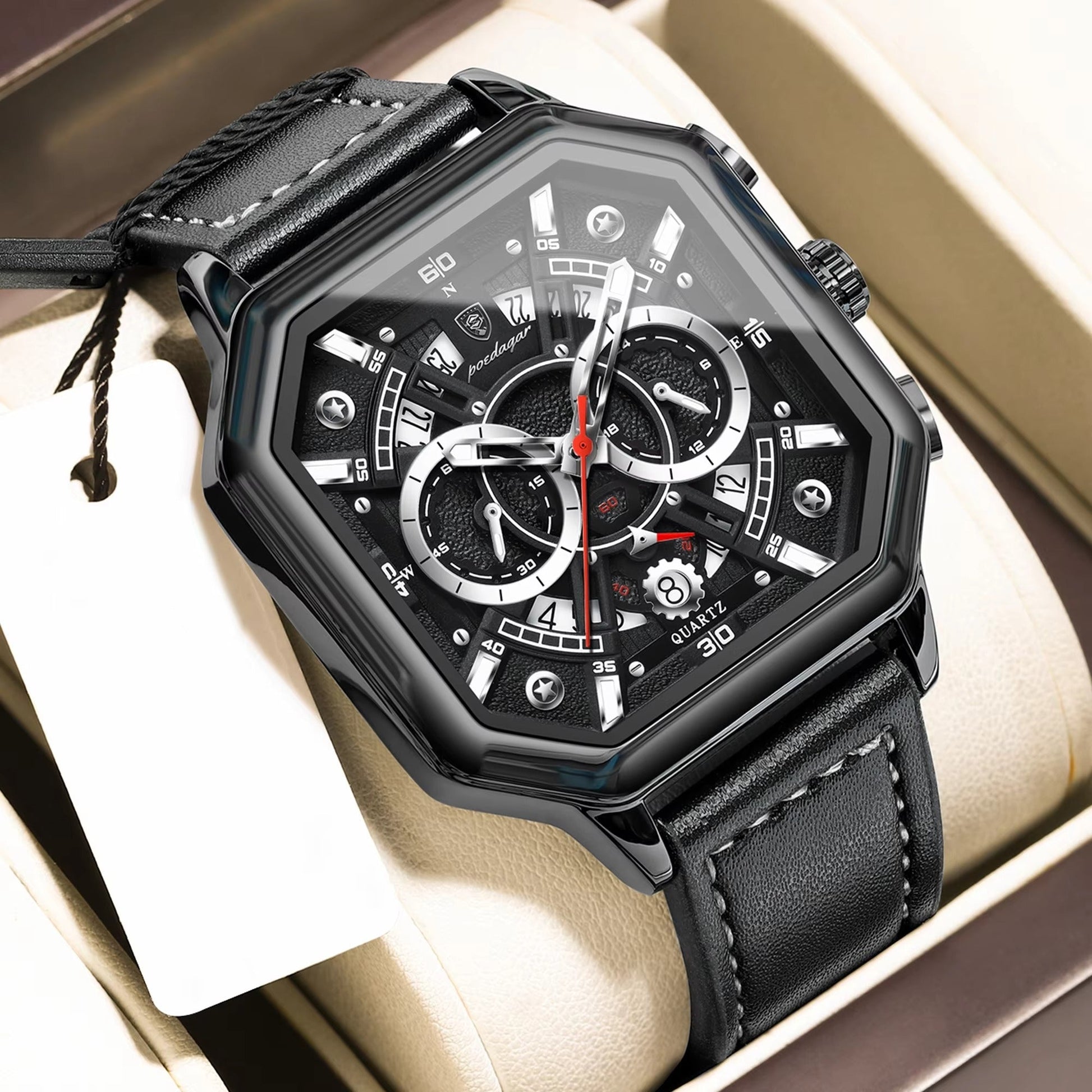 Achteckige Leder Armbanduhr mit außergewöhnlicher Datumsanzeige "Piazza della Moda no.4140" - PITANI